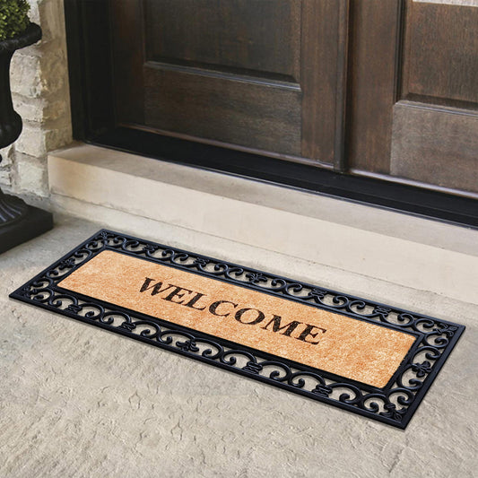 rubber coir front door mat with decorative scroll border
