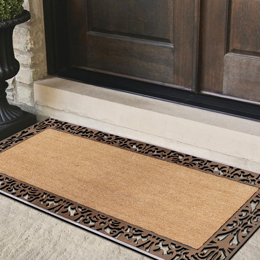Outdoor entry mat with natural coir center and rubber frame