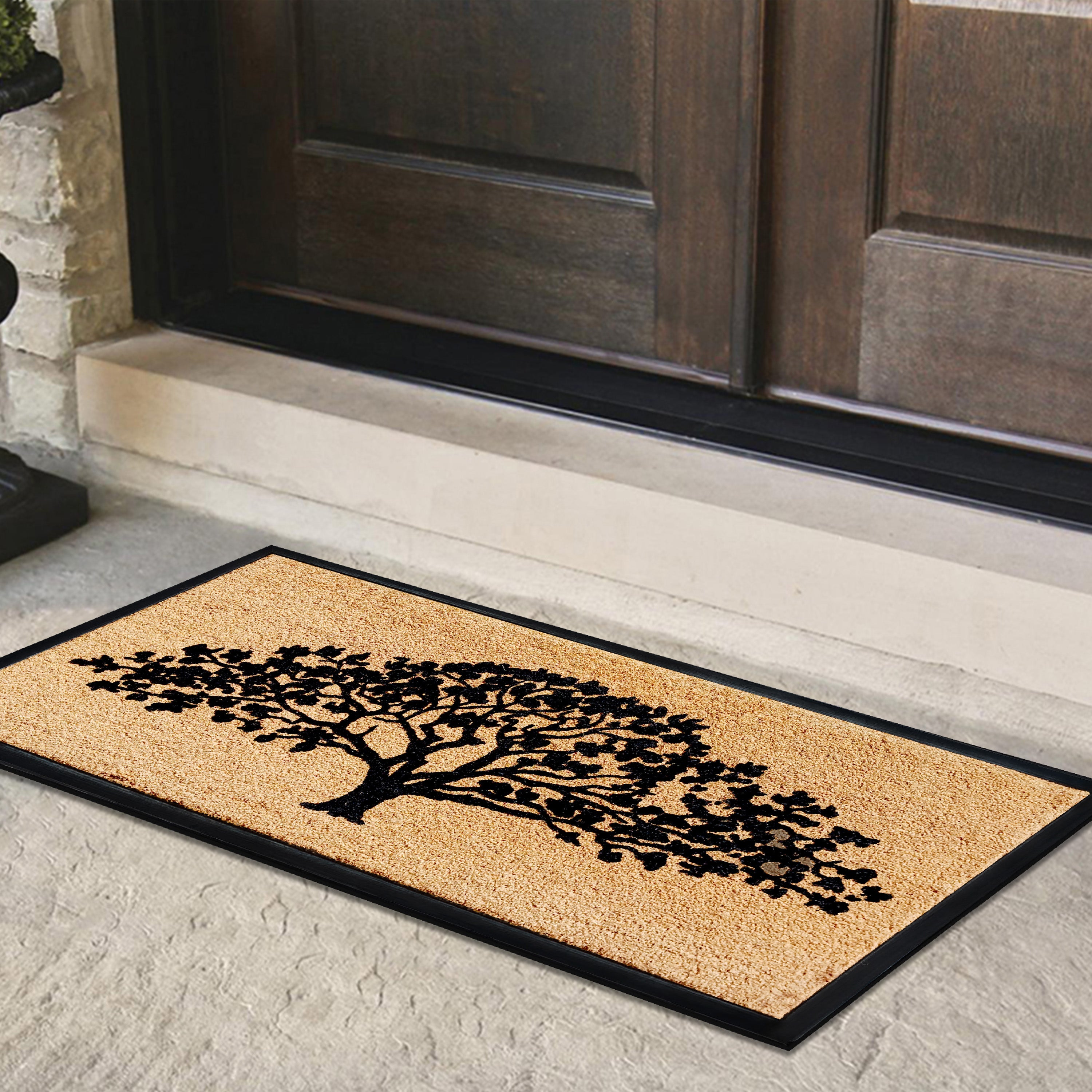 natural coir doormat with black tree pattern