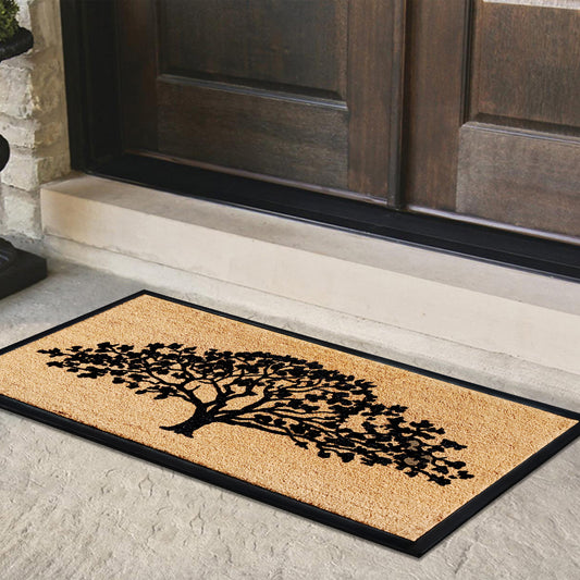 natural coir doormat with black tree pattern