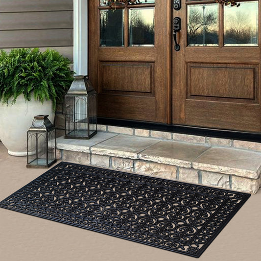 scrollwork rubber door mat outside entrance