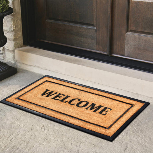 welcome front door mat with natural coir surface