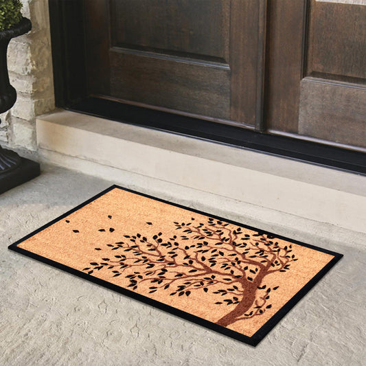 natural coir doormat with branch and leaf design