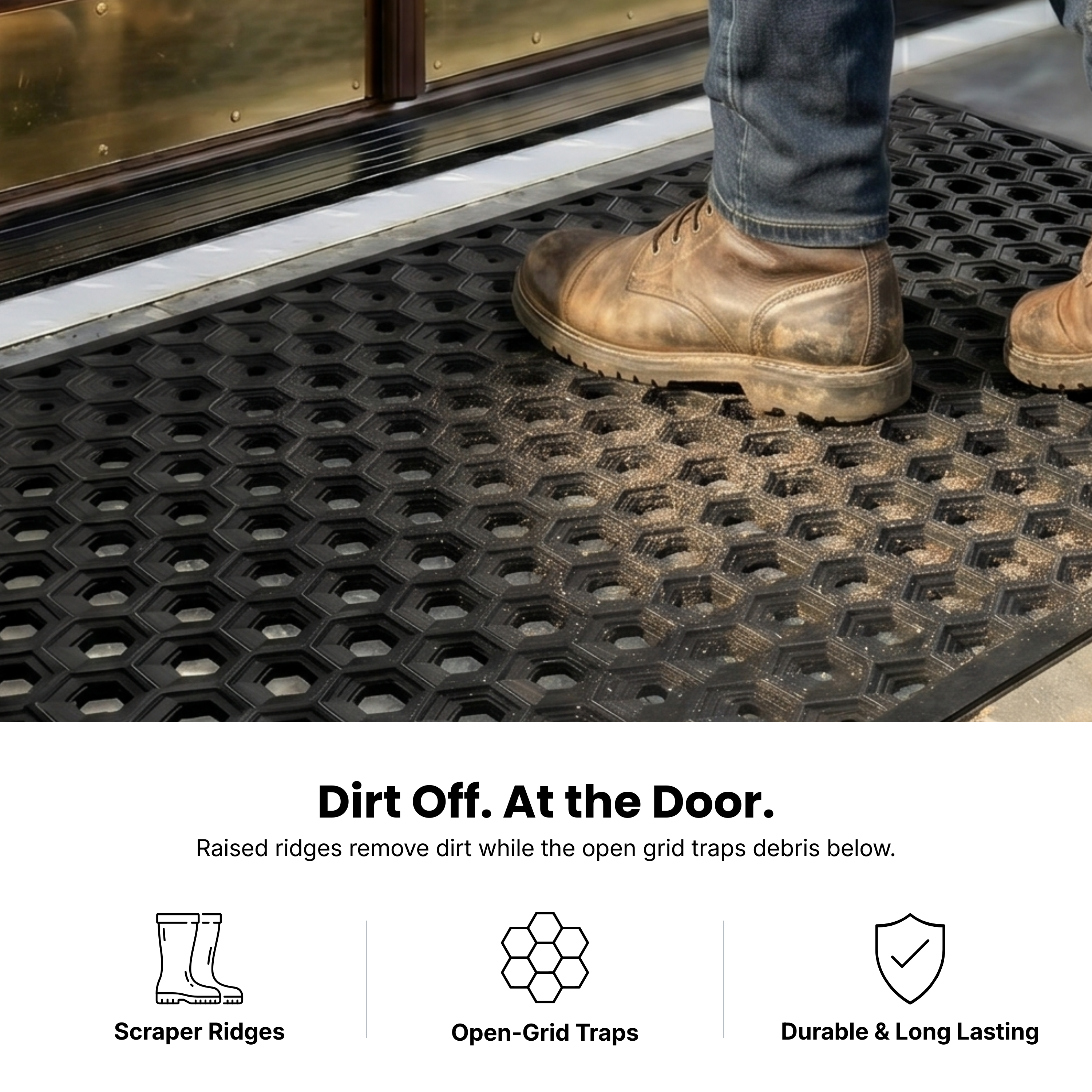 Subhera Collection Heavy Duty Rubber Door Mat, Non-Slip Drainage with Dirt Scraper, Outside Doormat for Front Pool Deck & Patio All-Weather 100% Won't Curl or Blow Away