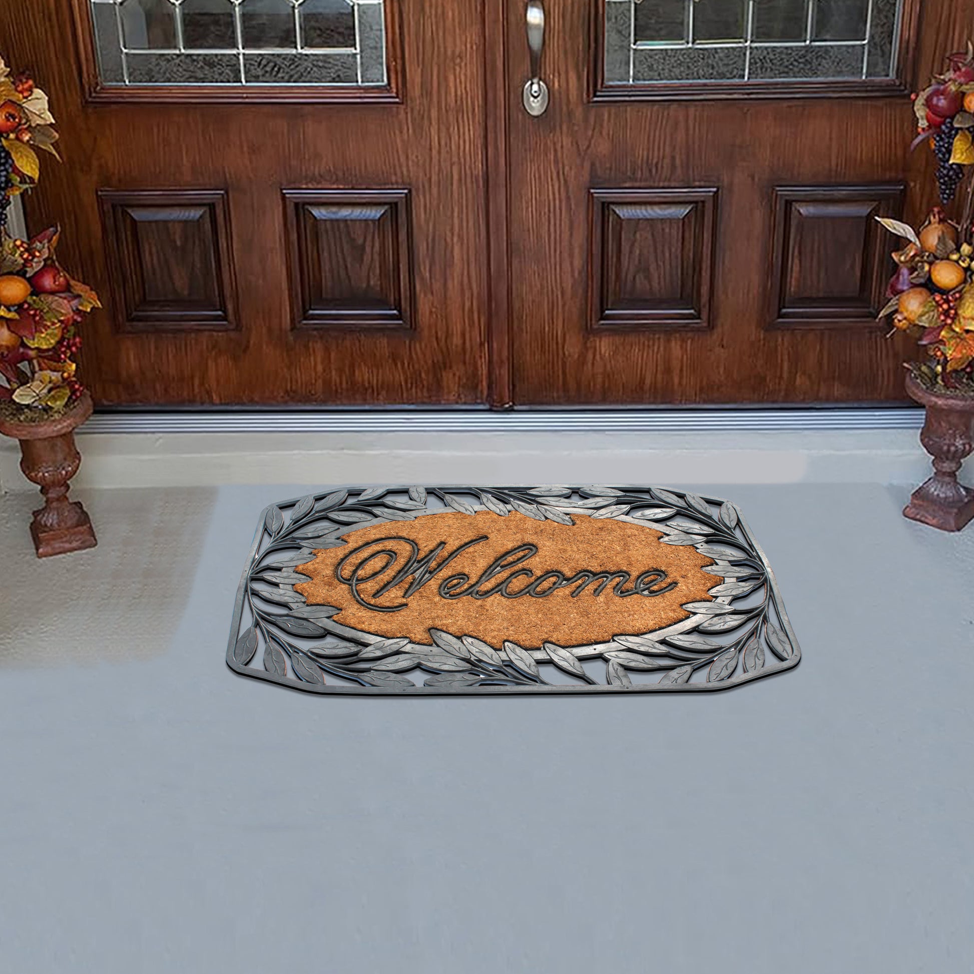 welcome outdoor entry mat with natural coir surface