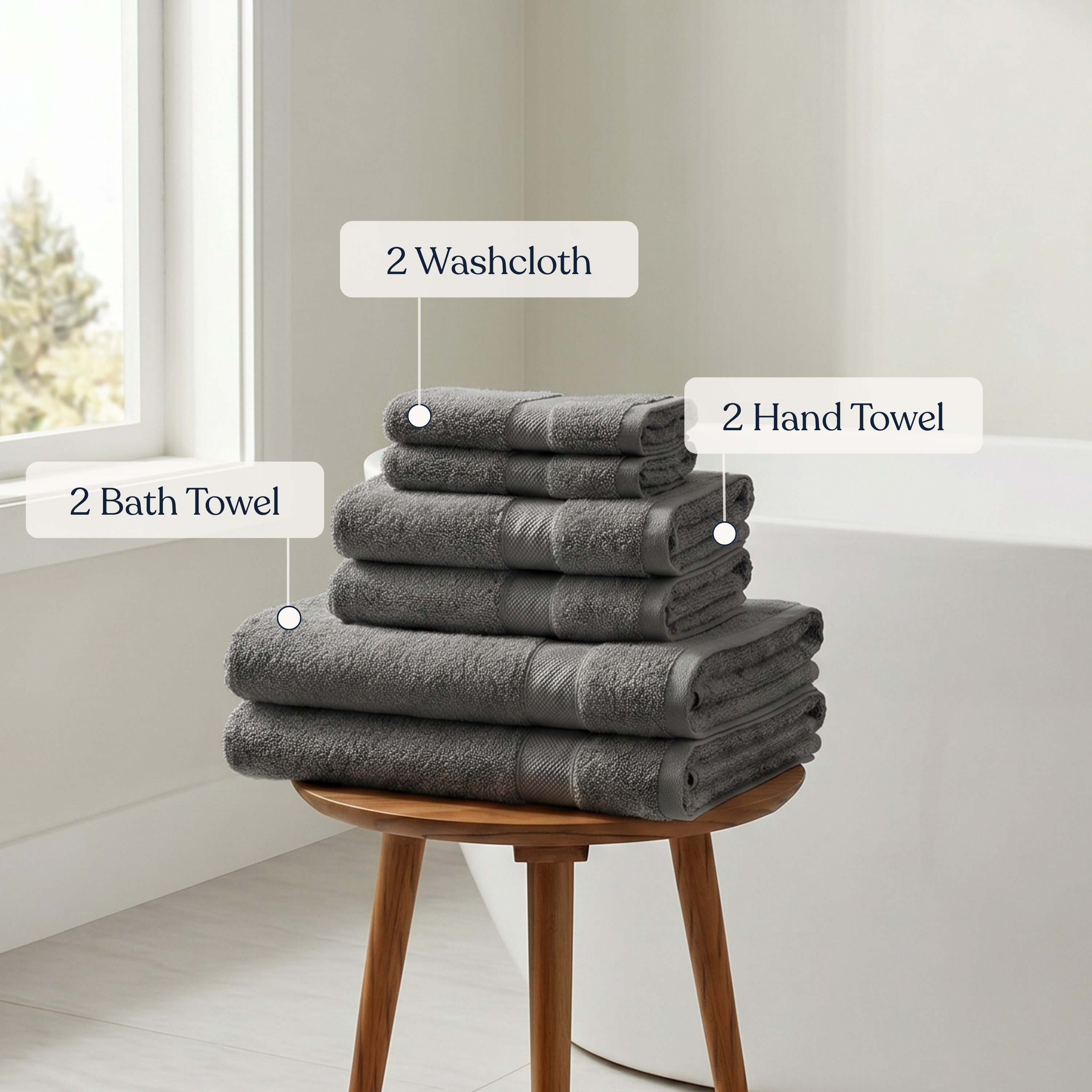 Delara GOTS Certified Organic Cotton Towel Set 6-Piece, Ultra-Plush Spa Towels - 2 Bath, 2 Hand, 2 Washcloths