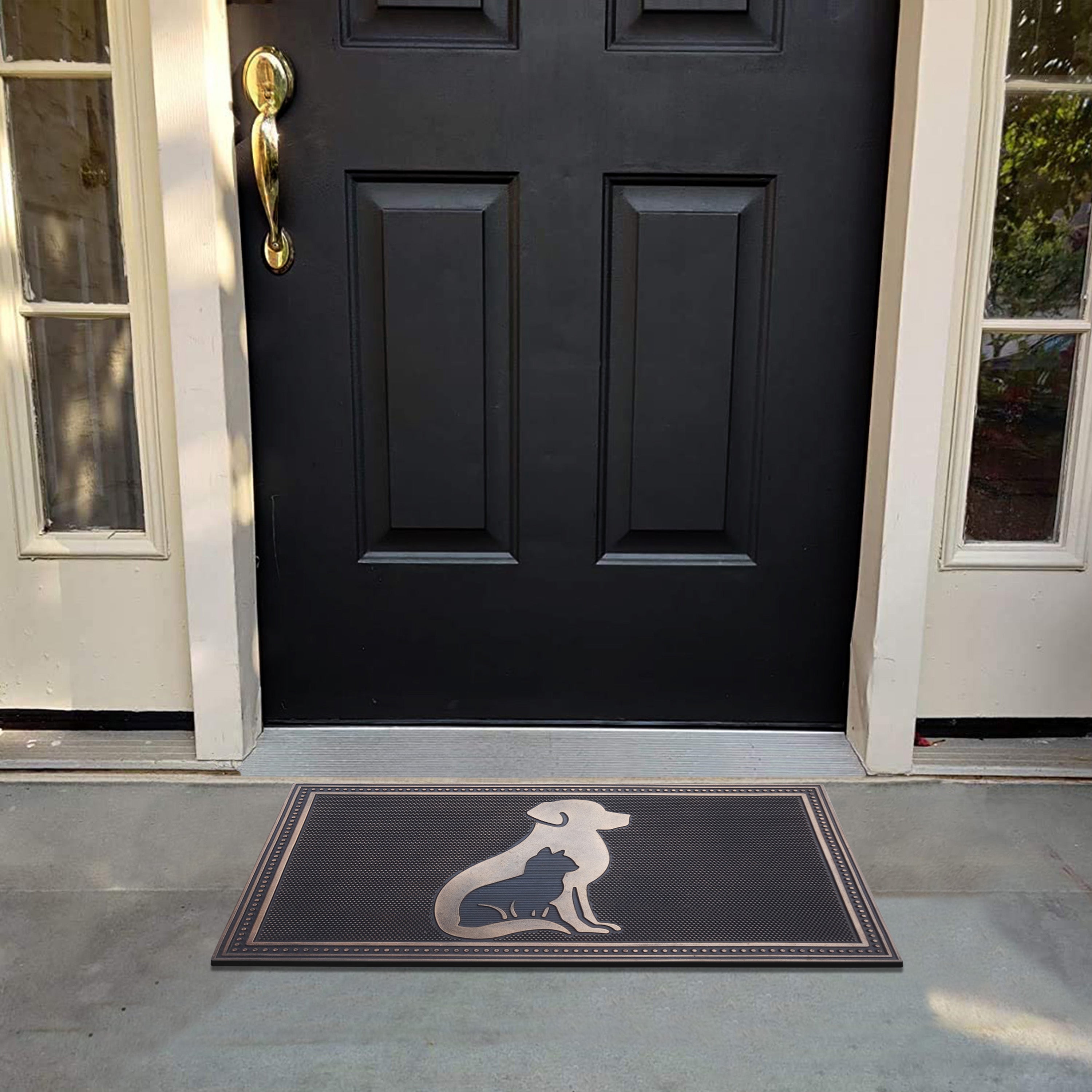 outdoor rubber entry mat with dog and cat design