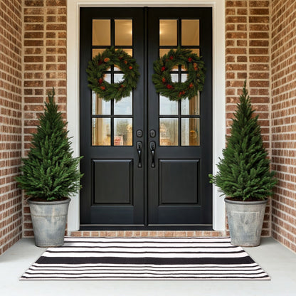 A1HC Black and White Striped 24"x51" Hand-Woven Cotton Front Door Rug