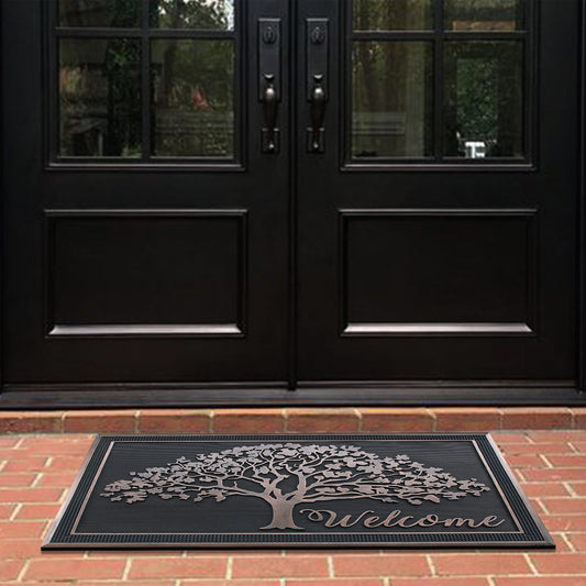 outdoor entryway rubber mat with welcome text