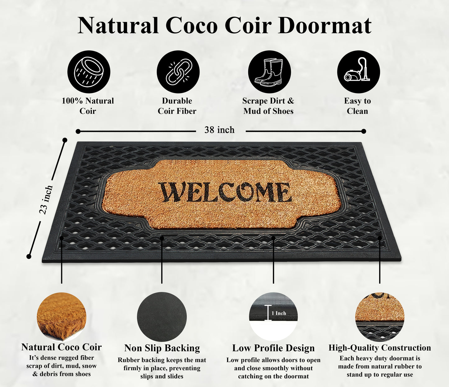 A1HC Natural Coir and Rubber Welcome Floral Design Door Mat, 23" x 38",  Heavy Duty Doormats, Black