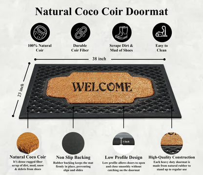 A1HC Natural Coir and Rubber Welcome Floral Design Door Mat, 23" x 38",  Heavy Duty Doormats, Black