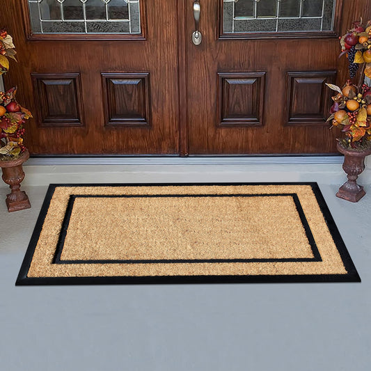 Natural coir front door mat with black border design