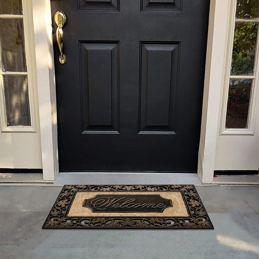 outdoor entry mat coir welcome plaque leaf scroll pattern
