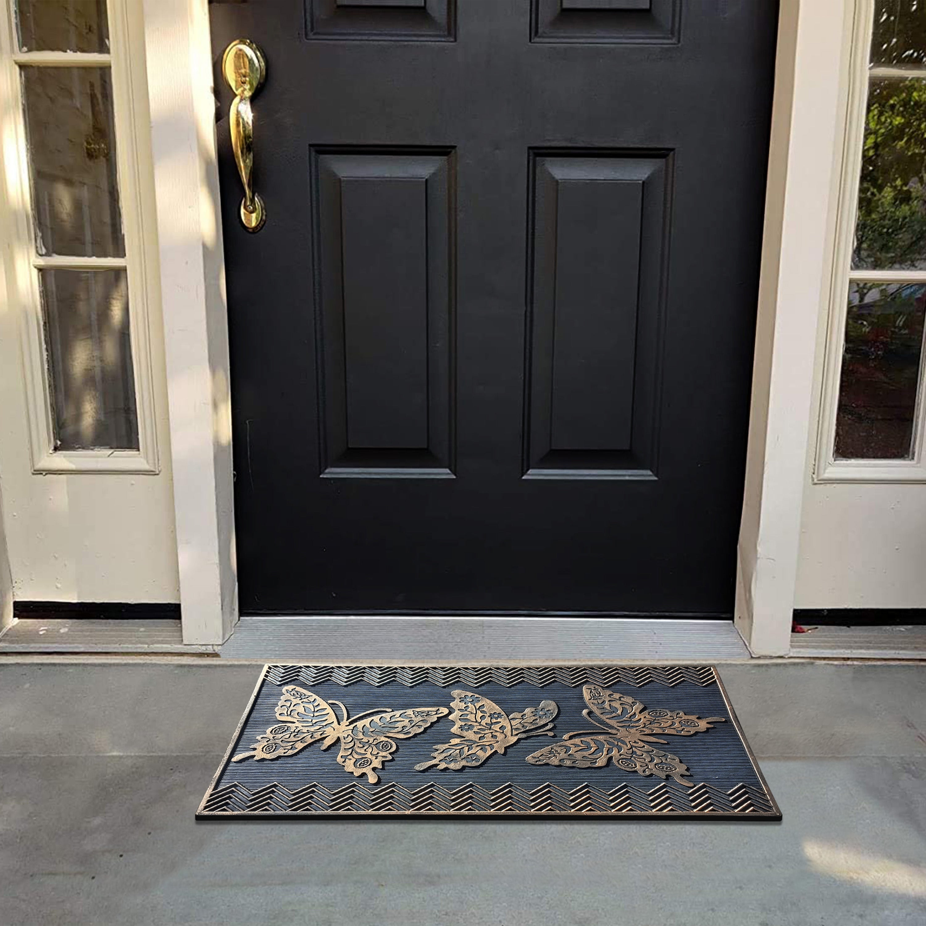 Outdoor rubber doormat featuring butterfly garden design