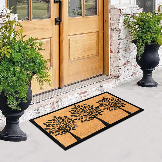 front door coir mat with tree design and non slip backing