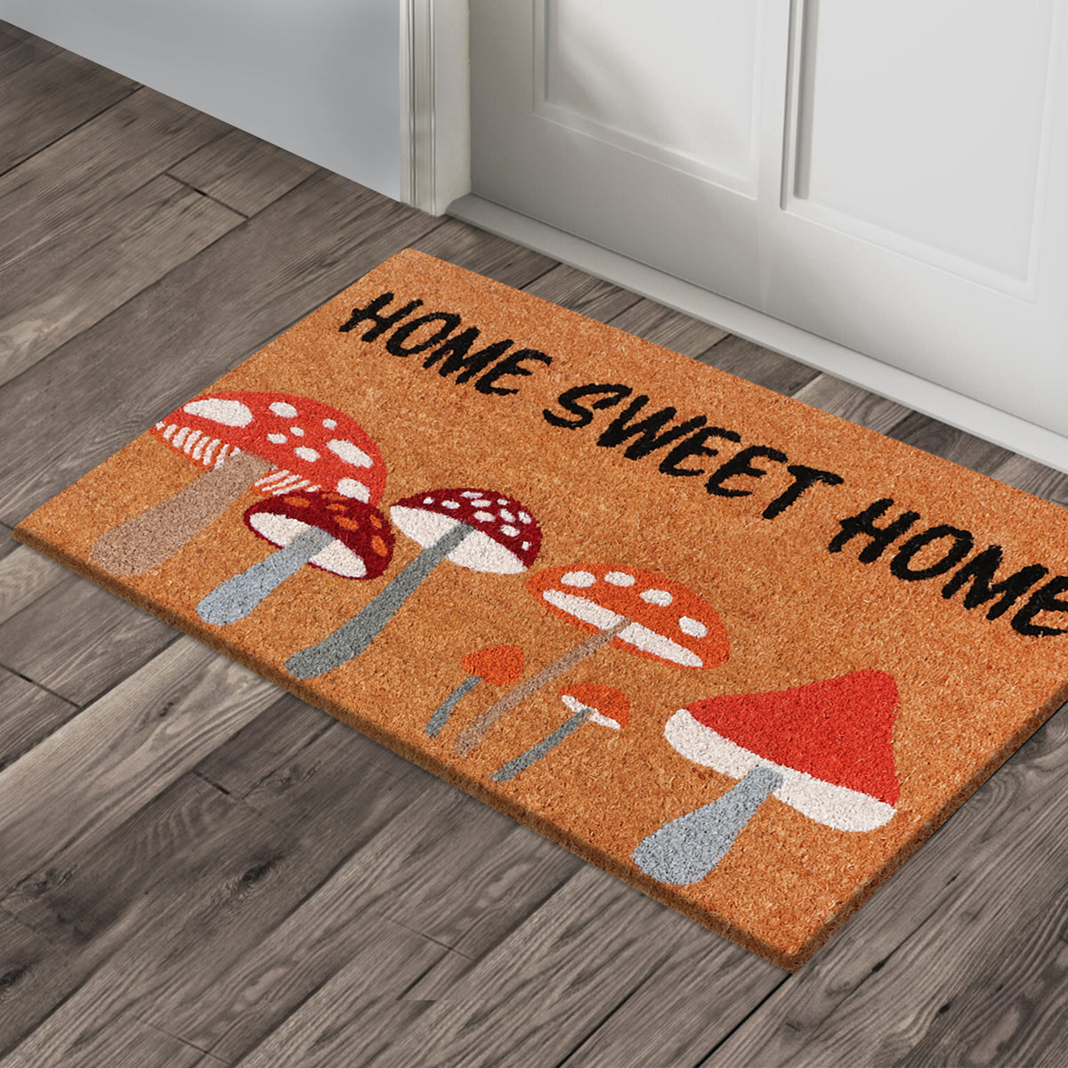 A1HC Natural Coco Coir Door Mat Home Sweet Home Mushroom Doormat with Heavy Duty Non-Slip PVC Backing - 18" x 30" - Easy to Clean, Welcome Mat for Home, Porch Decor Doormat