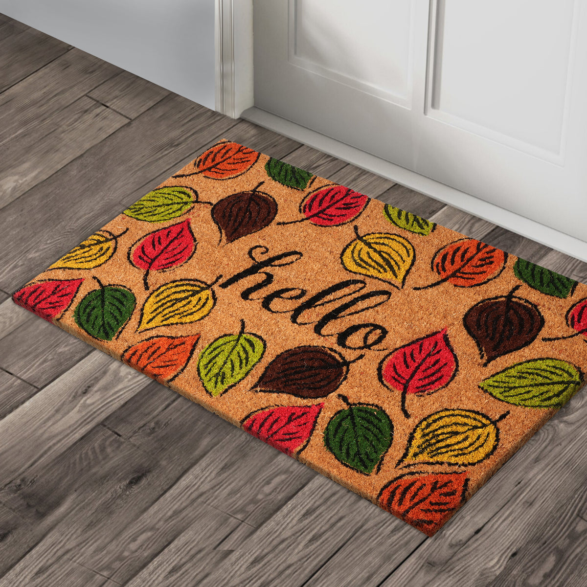 A1HC Natural Coco Coir Door Mat Hello Autumn Leaves Doormat with Heavy Duty Non-Slip PVC Backing - 18" x 30" - Easy to Clean, Welcome Mat for Home, Low-Profile Durable Doormat