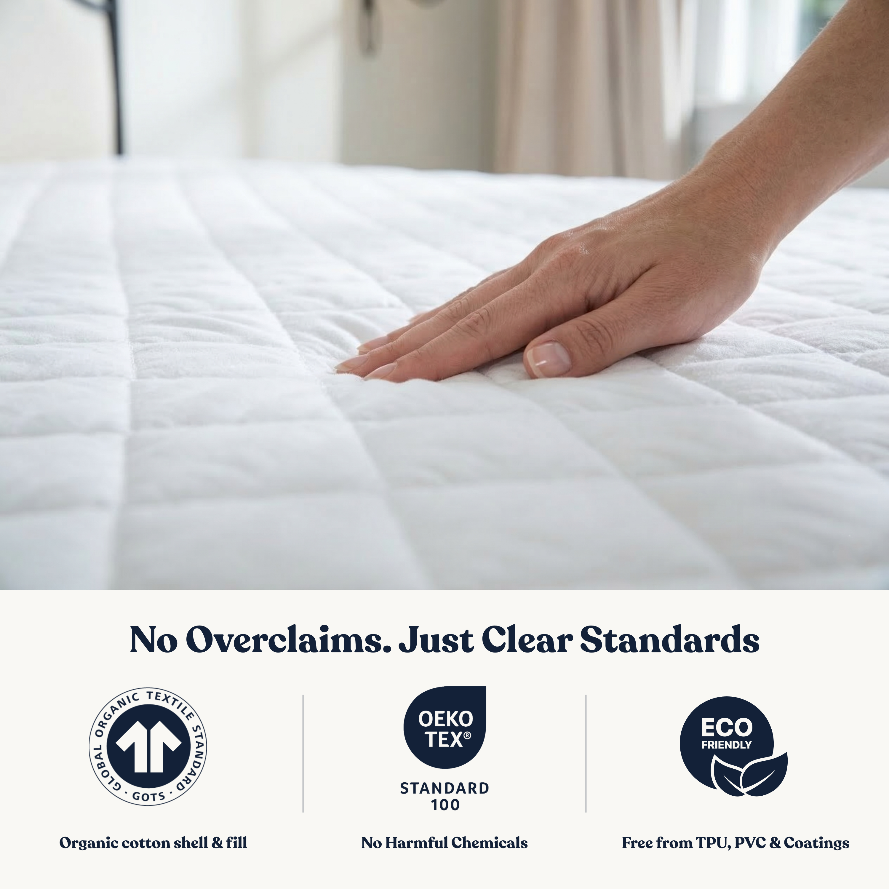 Delara Quilted Cotton Mattress Pad Cover, 100% GOTS Certified Organic Cotton Shell & Fill, 400TC, 300 GSM, 0.25" Padding, Breathable, Machine Washable
