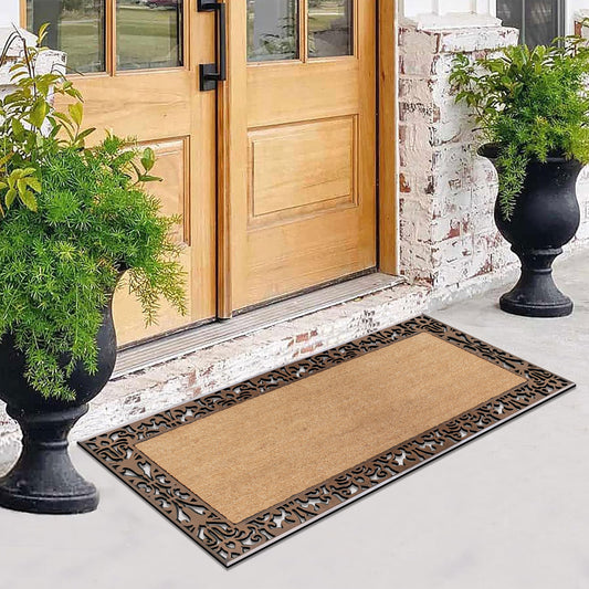 Decorative outdoor door mat with patterned rubber border