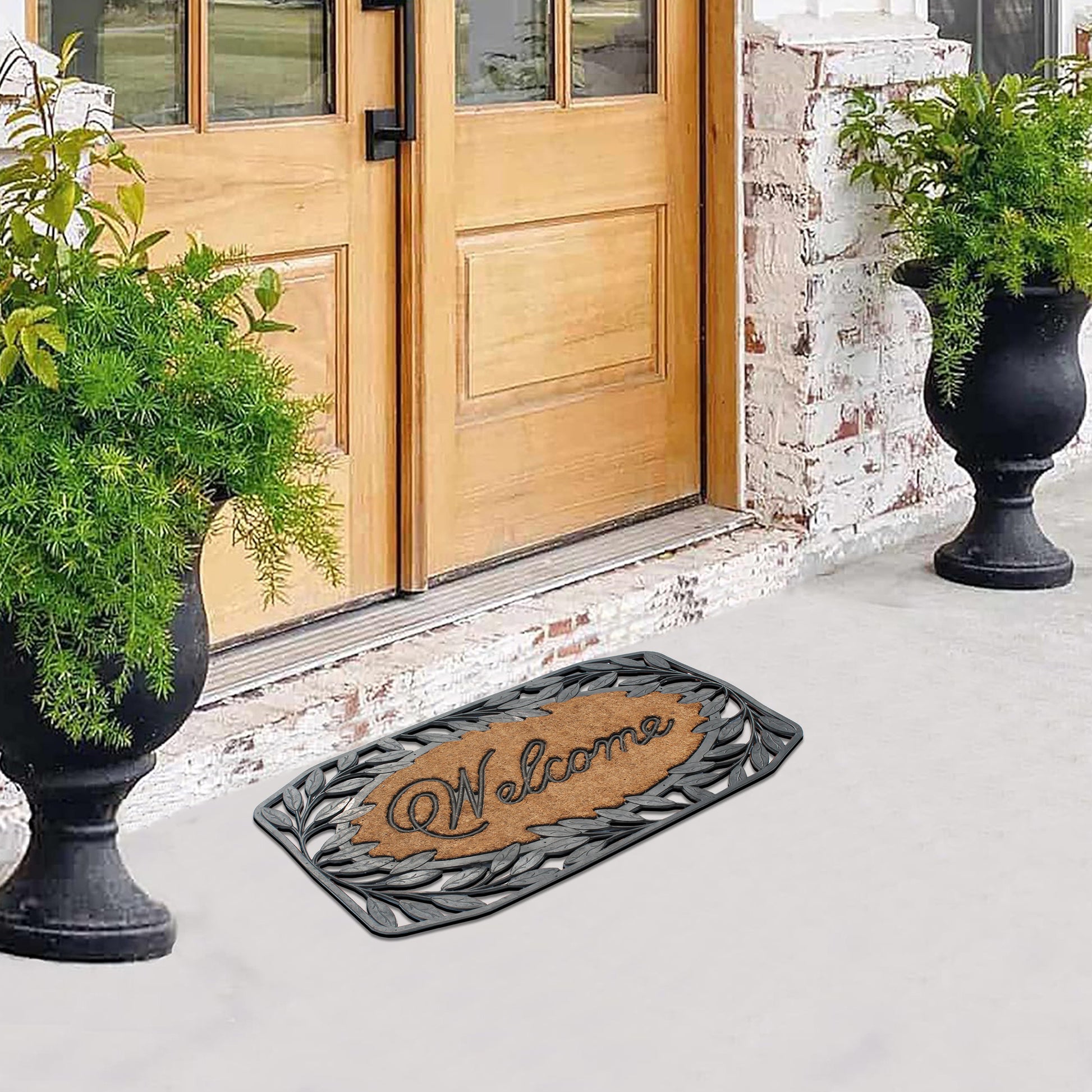 decorative leaf frame rubber coir doormat for porch