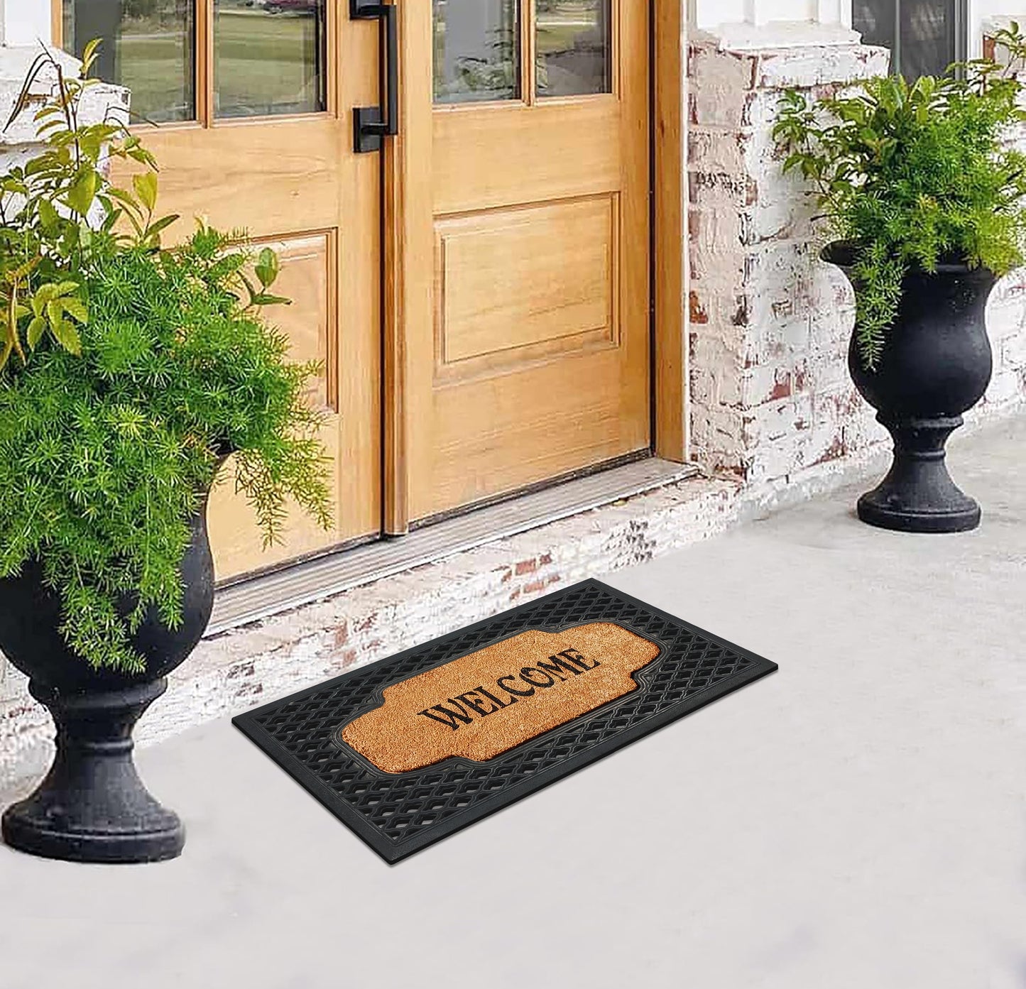 A1HC Natural Coir and Rubber Welcome Floral Design Door Mat, 23" x 38",  Heavy Duty Doormats, Black