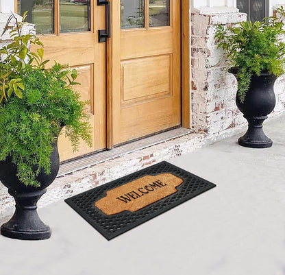 A1HC Natural Coir and Rubber Welcome Floral Design Door Mat, 23" x 38",  Heavy Duty Doormats, Black