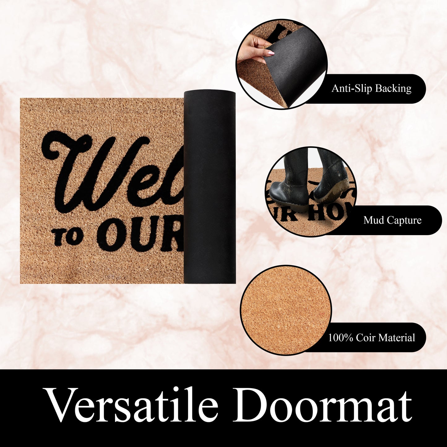 A1HC Natural Coir Flocked Door mat with Heavy Duty Non-Slip PVC Backing, Low-Profile Durable Doormat