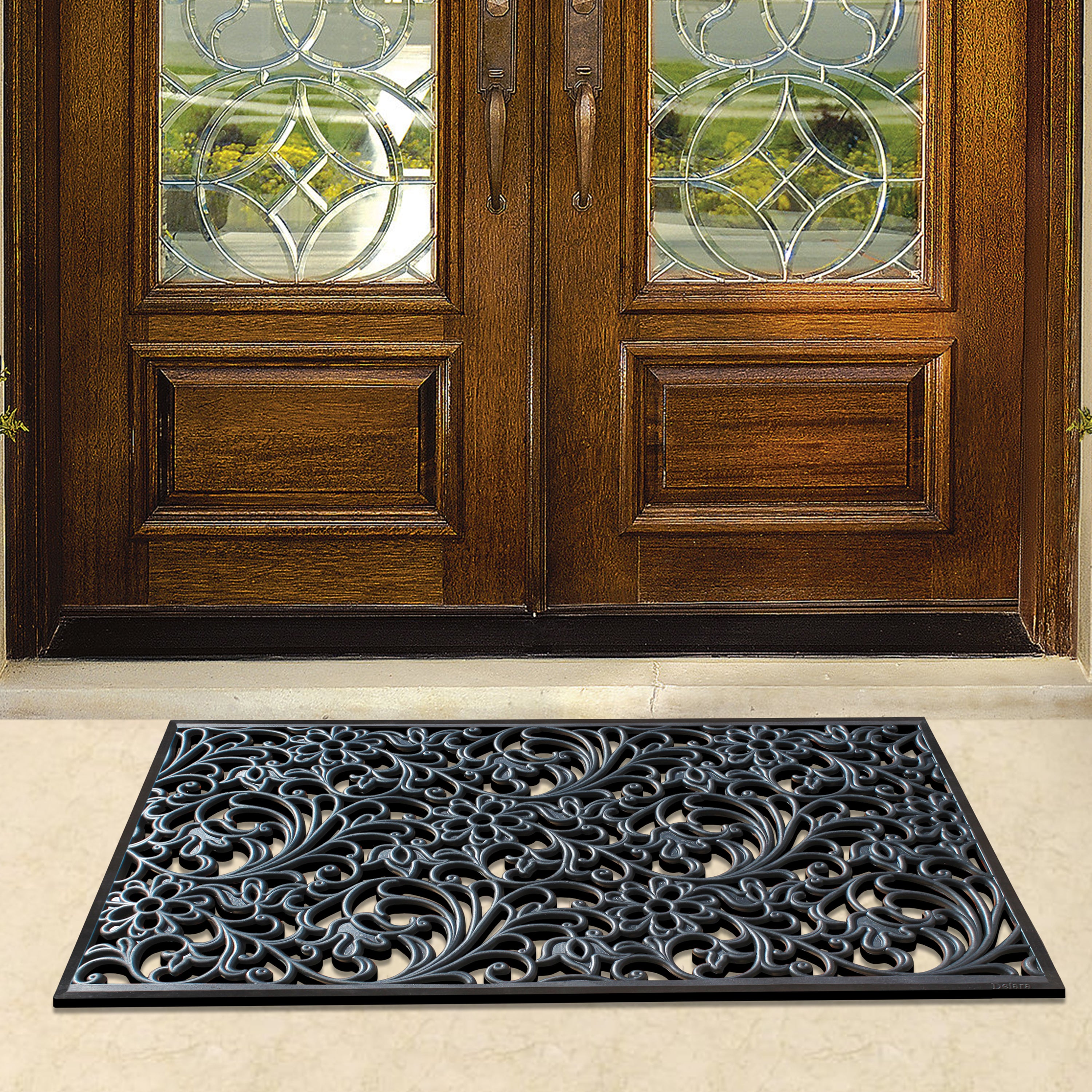 durable floral scroll rubber mat for patio or entryway