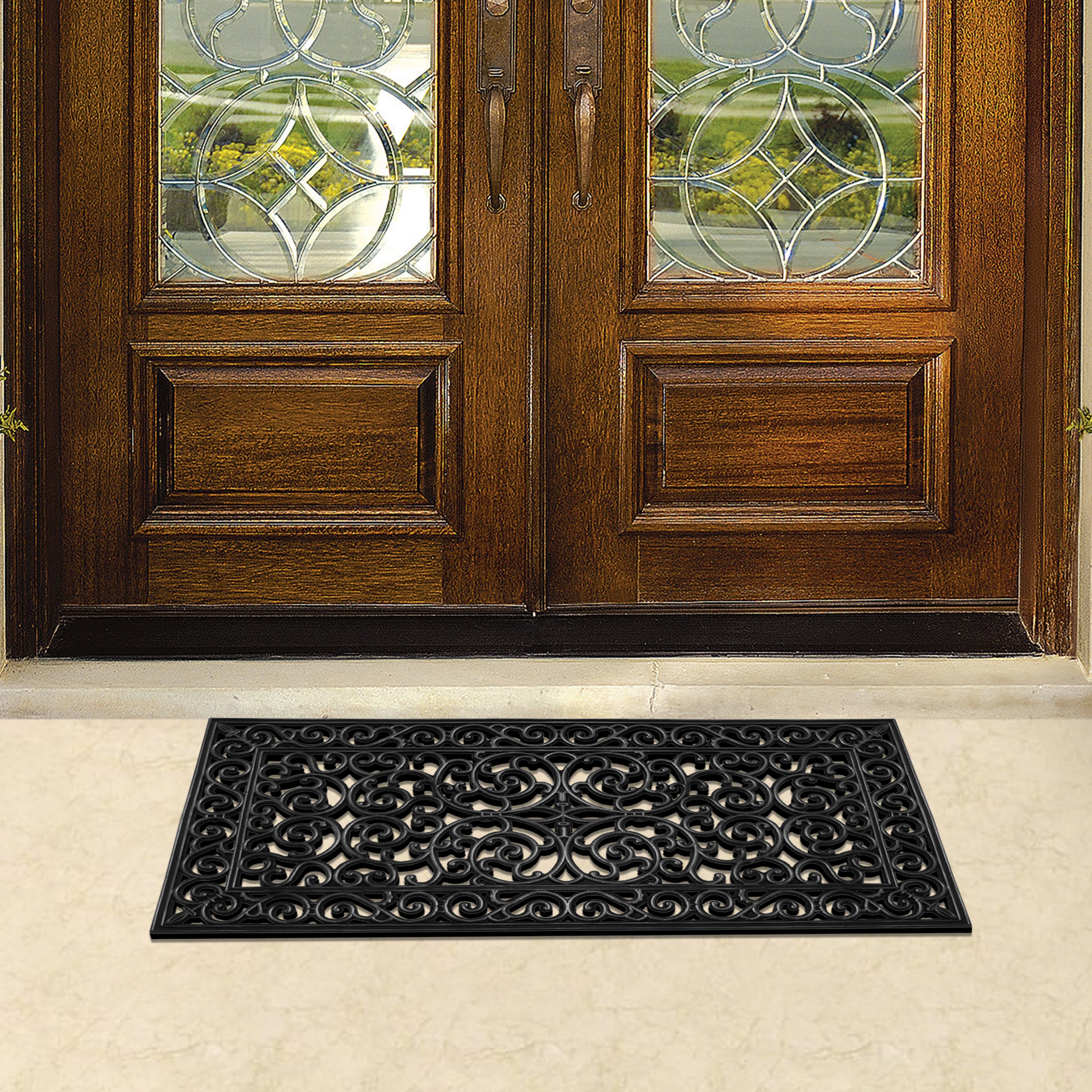 Decorative-wrought-iron-style-rubber-welcome-mat-on-patio