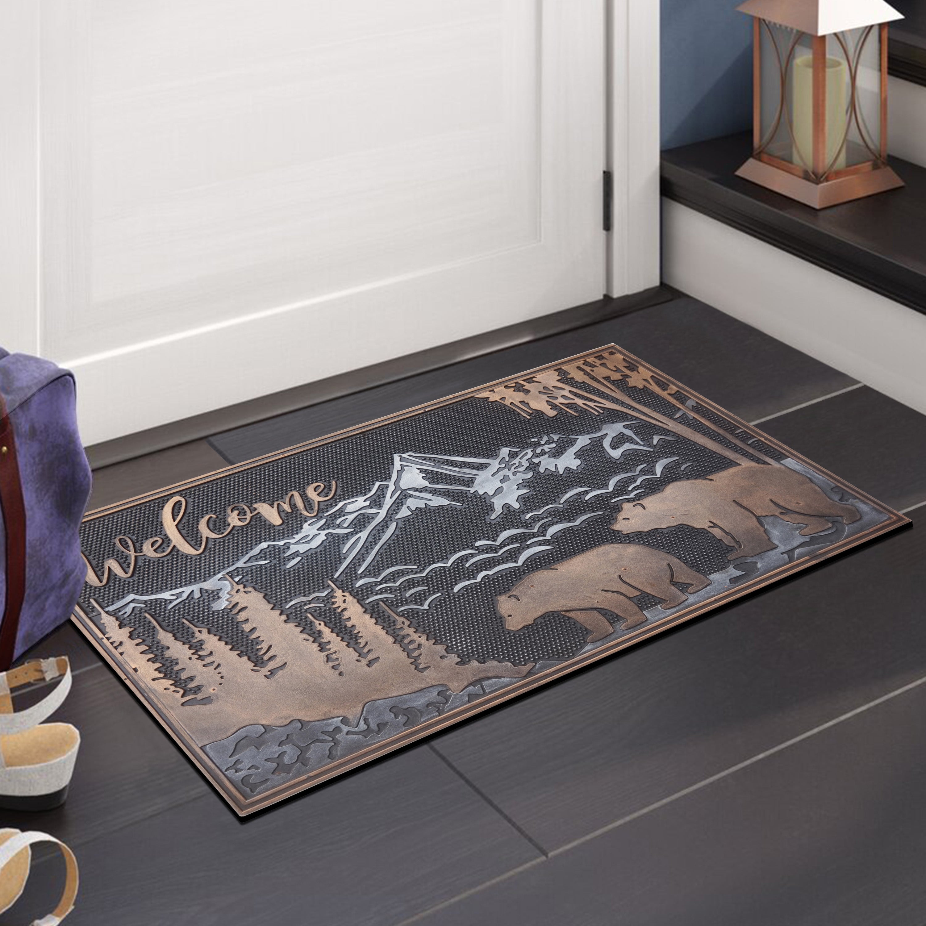 Rustic cabin rubber doormat featuring bears and pine trees