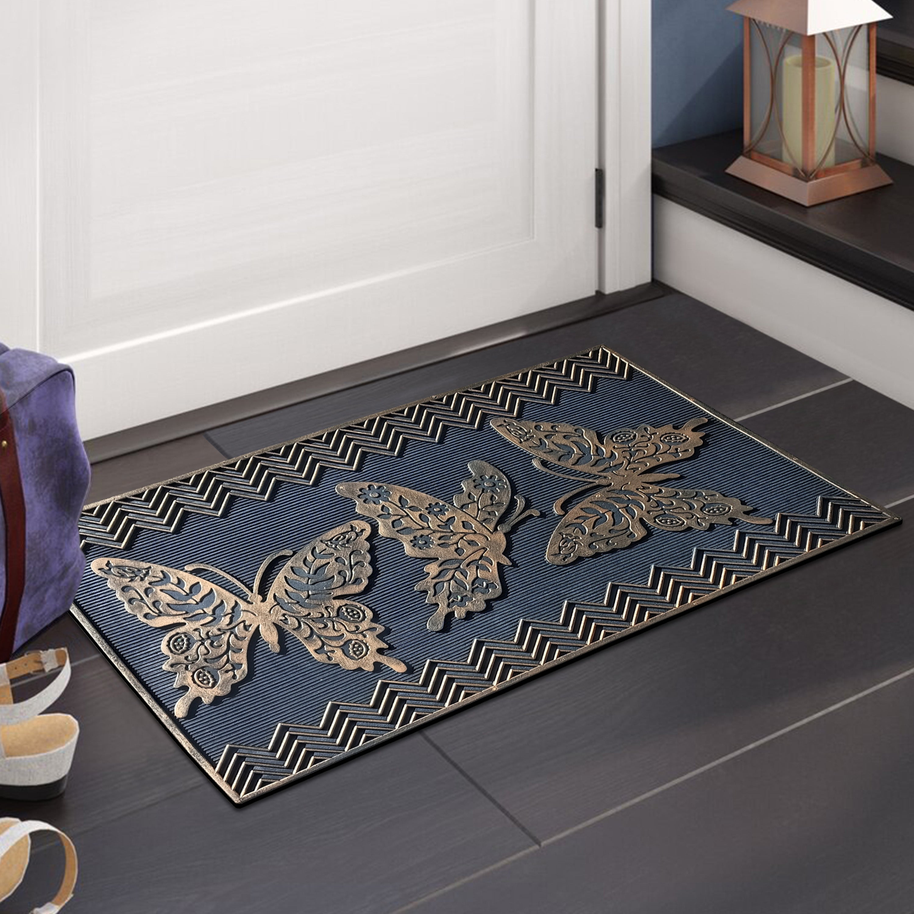 Heavy duty rubber front door mat with decorative butterfly pattern
