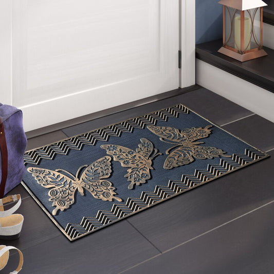 Heavy duty rubber front door mat with decorative butterfly pattern