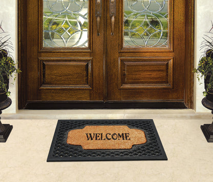 A1HC Natural Coir and Rubber Welcome Floral Design Door Mat, 23" x 38",  Heavy Duty Doormats, Black