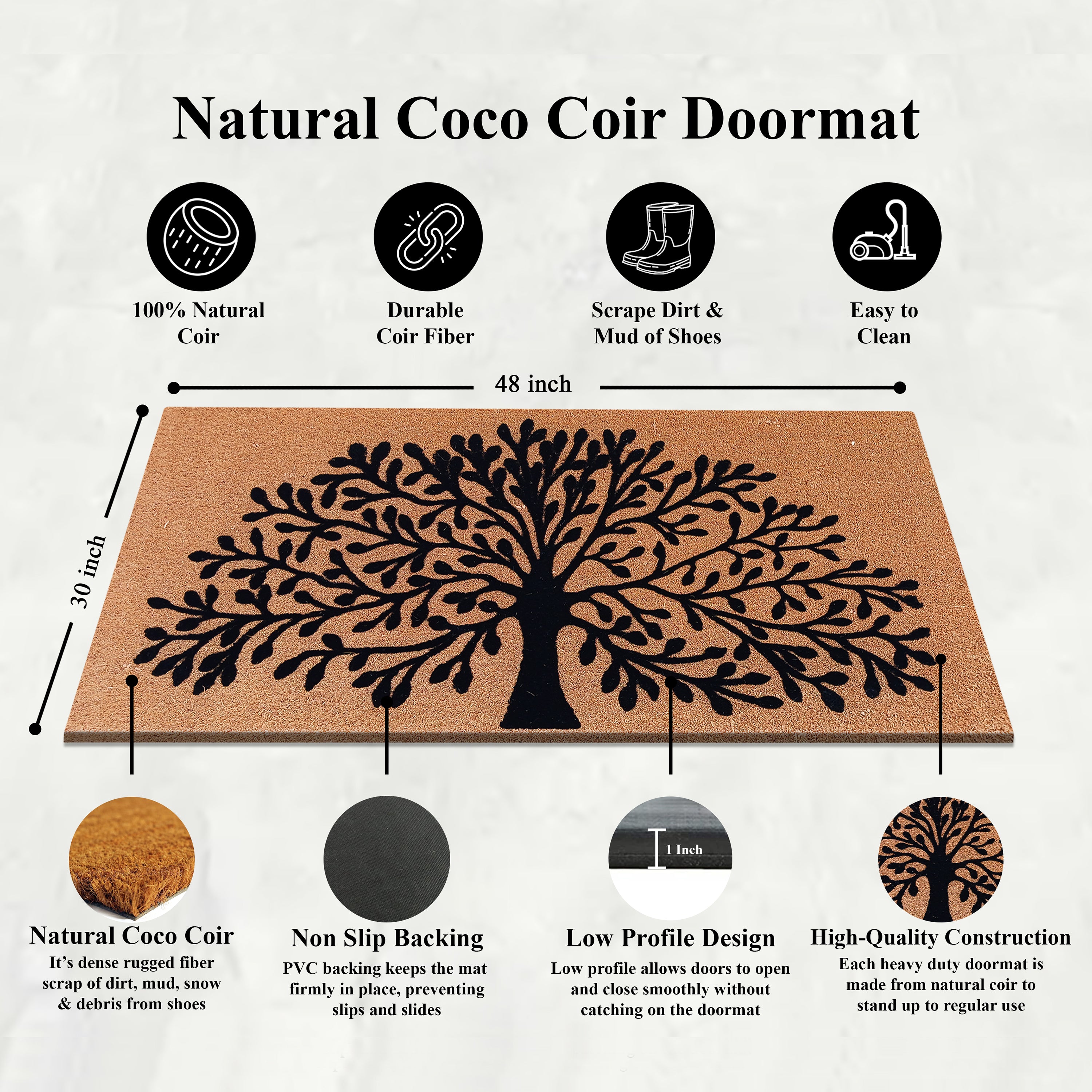 natural coir outdoor entry mat with tree design