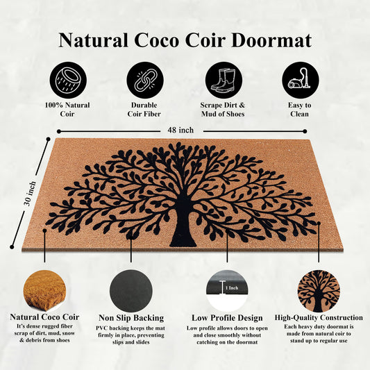 natural coir outdoor entry mat with tree design