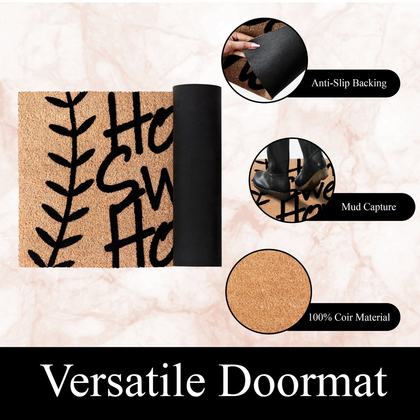 A1HC Natural Coir Flocked Door mat with Heavy Duty Non-Slip PVC Backing, Low-Profile Durable Doormat