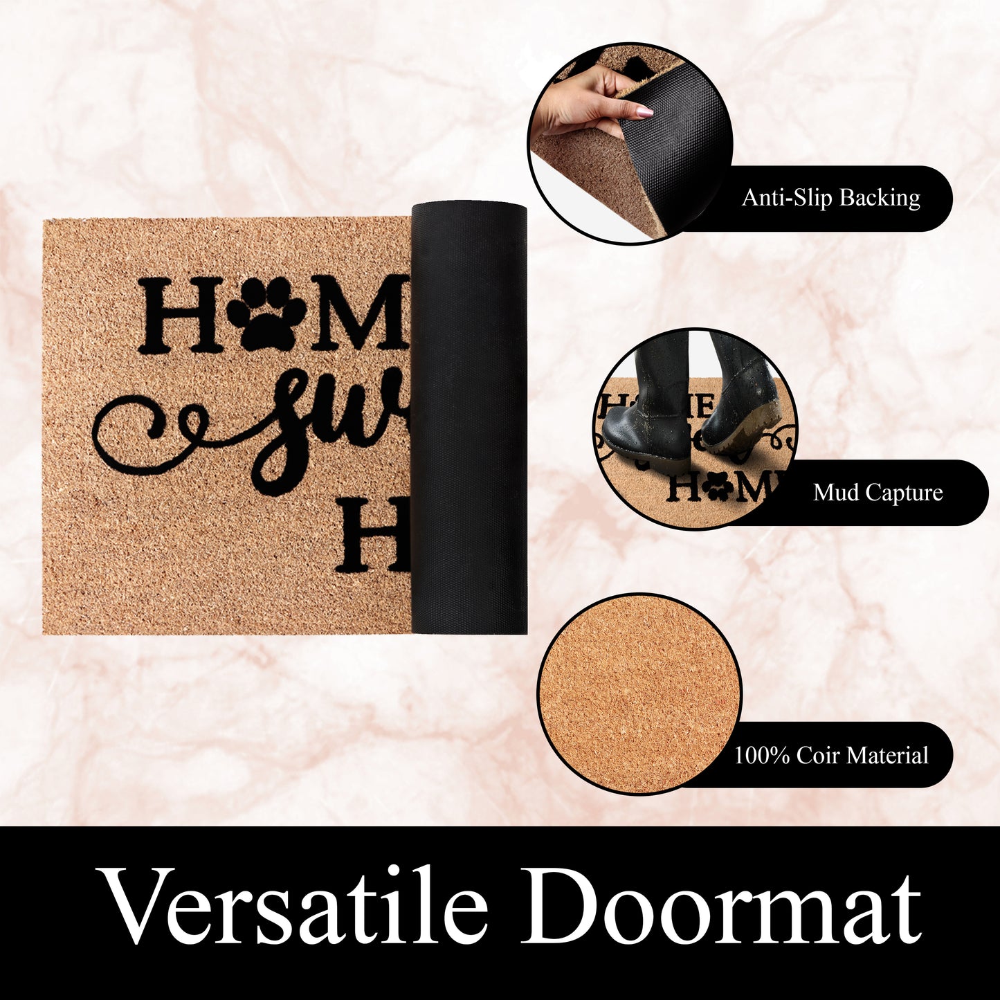 A1HC Natural Coir Flocked Door mat with Heavy Duty Non-Slip PVC Backing, Low-Profile Durable Doormat