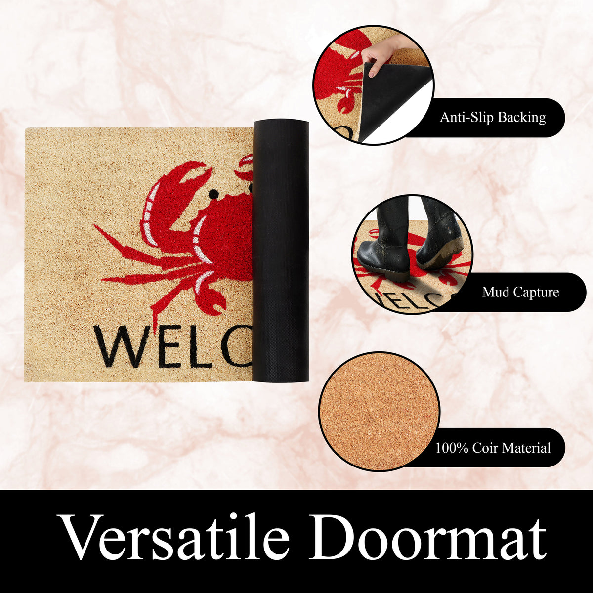 A1HC Natural Coco Coir Door Mat Crab Welcome Coastal Doormat with Heavy Duty Non-Slip PVC Backing - 18" x 30" - Easy to Clean, Welcome Mat for Home, Low-Profile Durable Doormat