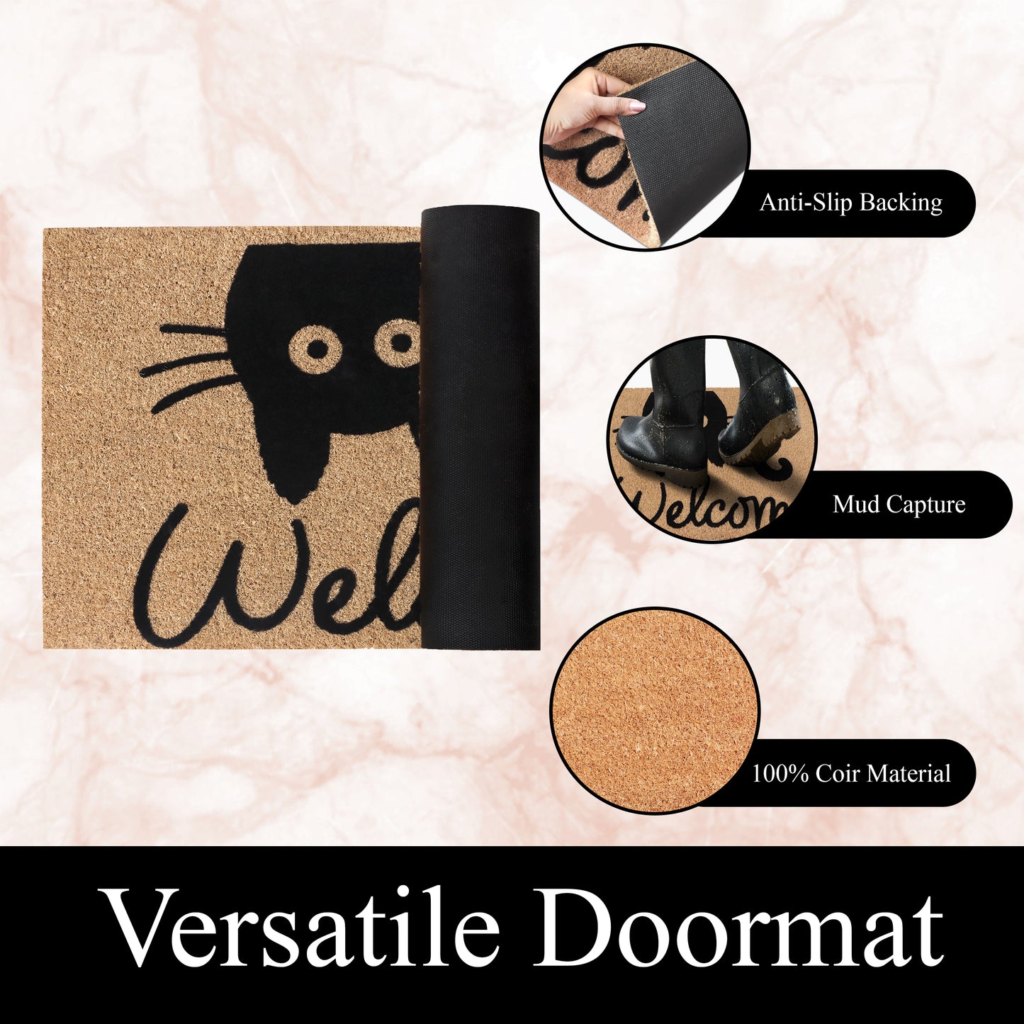 A1HC Natural Coir Flocked Door mat with Heavy Duty Non-Slip PVC Backing, Low-Profile Durable Doormat