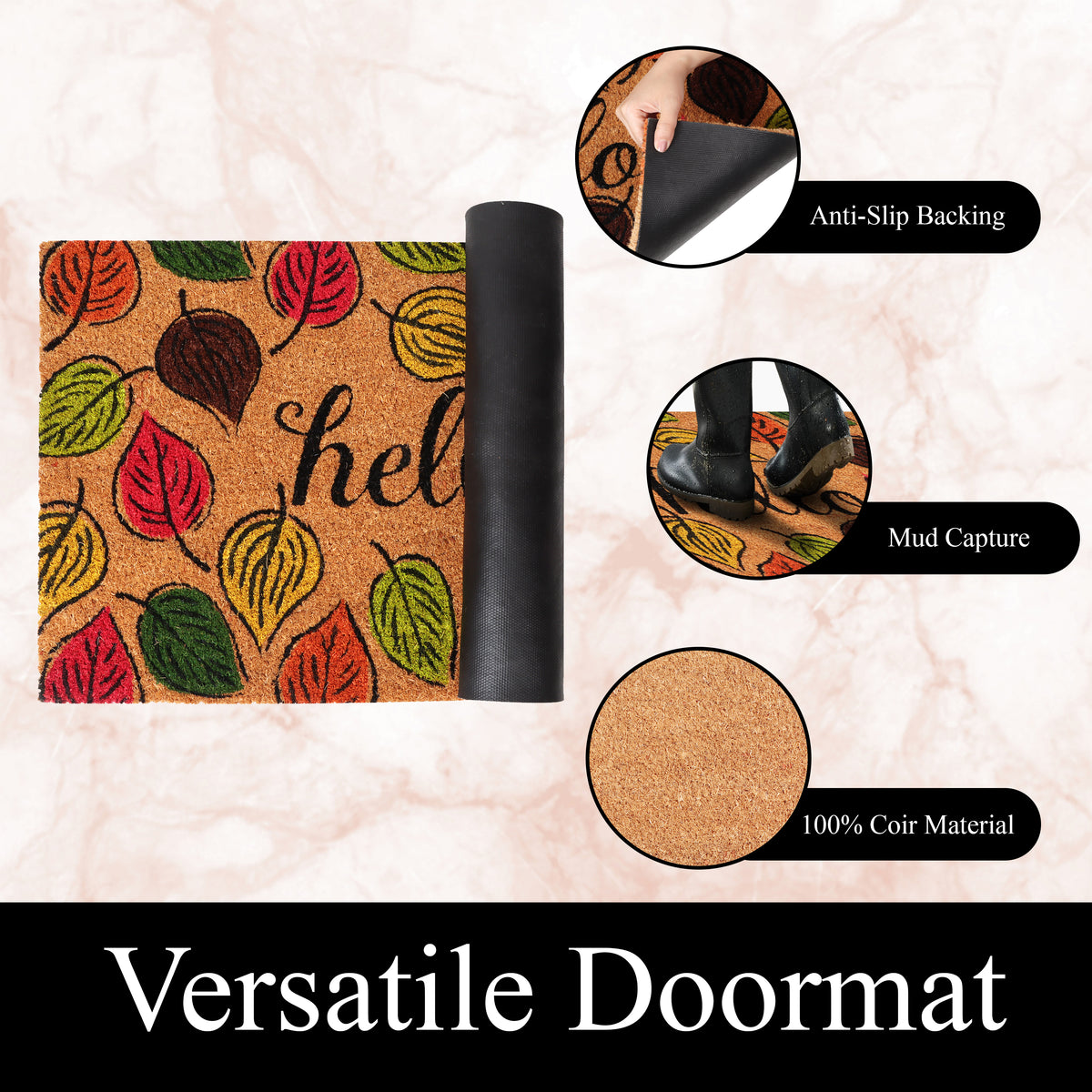 A1HC Natural Coco Coir Door Mat Hello Autumn Leaves Doormat with Heavy Duty Non-Slip PVC Backing - 18" x 30" - Easy to Clean, Welcome Mat for Home, Low-Profile Durable Doormat