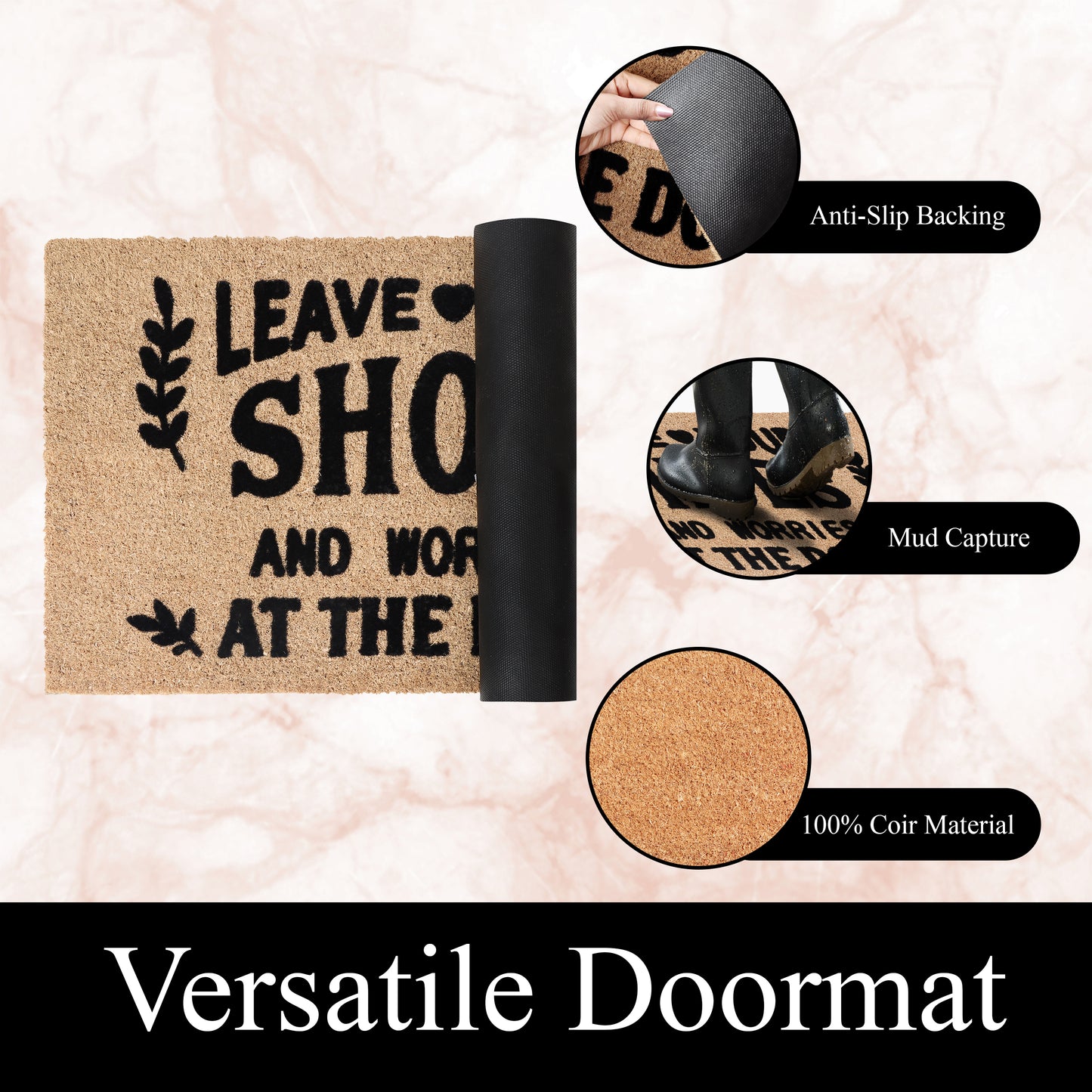 A1HC Natural Coir Flocked Door mat with Heavy Duty Non-Slip PVC Backing, Low-Profile Durable Doormat