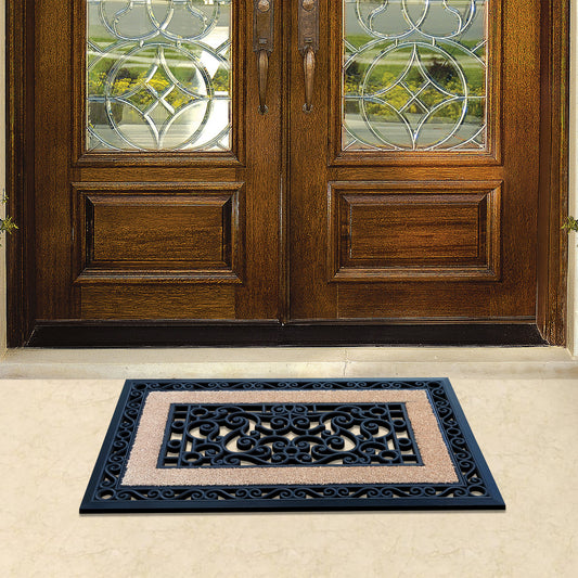 weather resistant doormat with scroll pattern frame