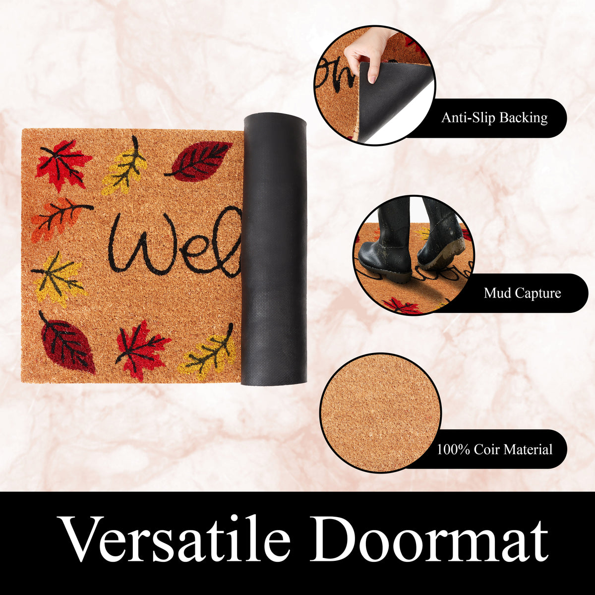 A1HC Natural Coco Coir Door Mat Autumn Leaves Doormat with Heavy Duty Non-Slip PVC Backing - 18" x 30" - Easy to Clean, Welcome Mat for Home, Low-Profile Durable Doormat