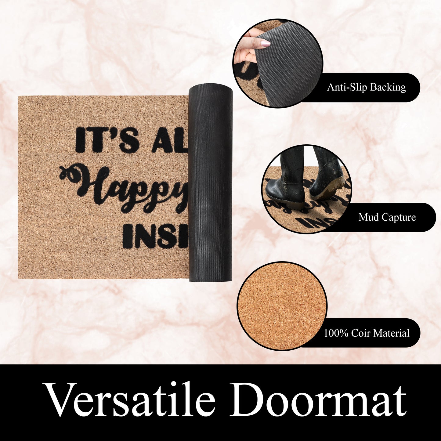 A1HC Natural Coir Flocked Door mat with Heavy Duty Non-Slip PVC Backing, Low-Profile Durable Doormat