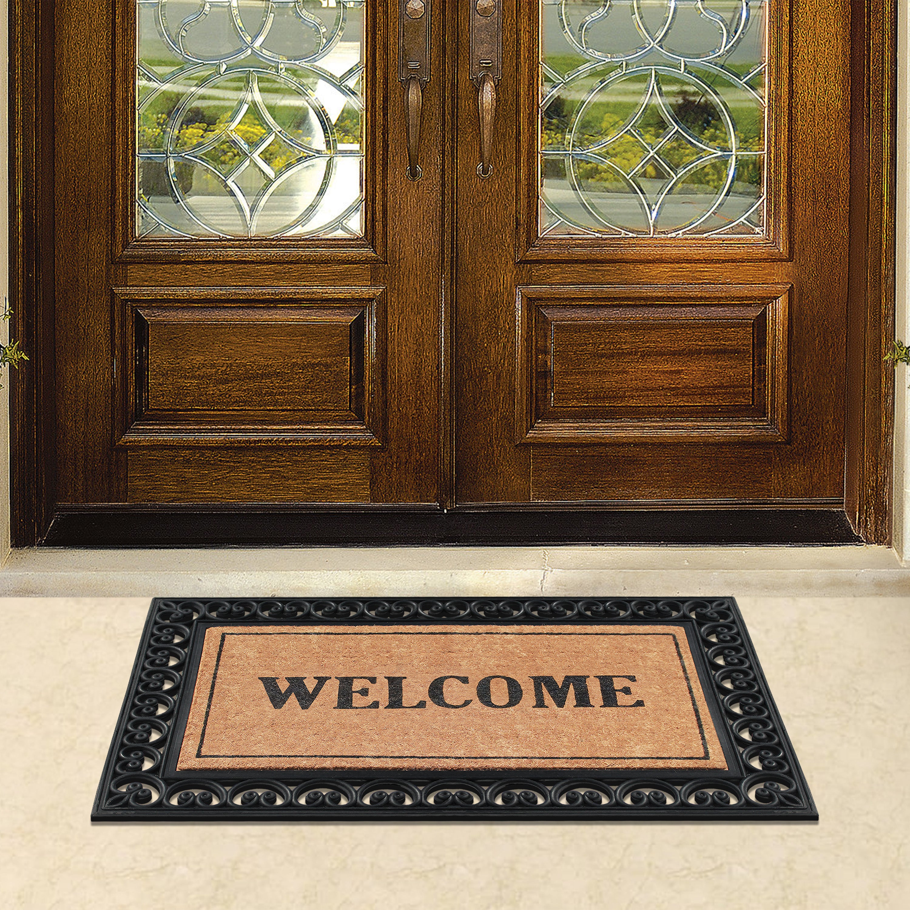 outdoor entry mat coir and rubber scroll border