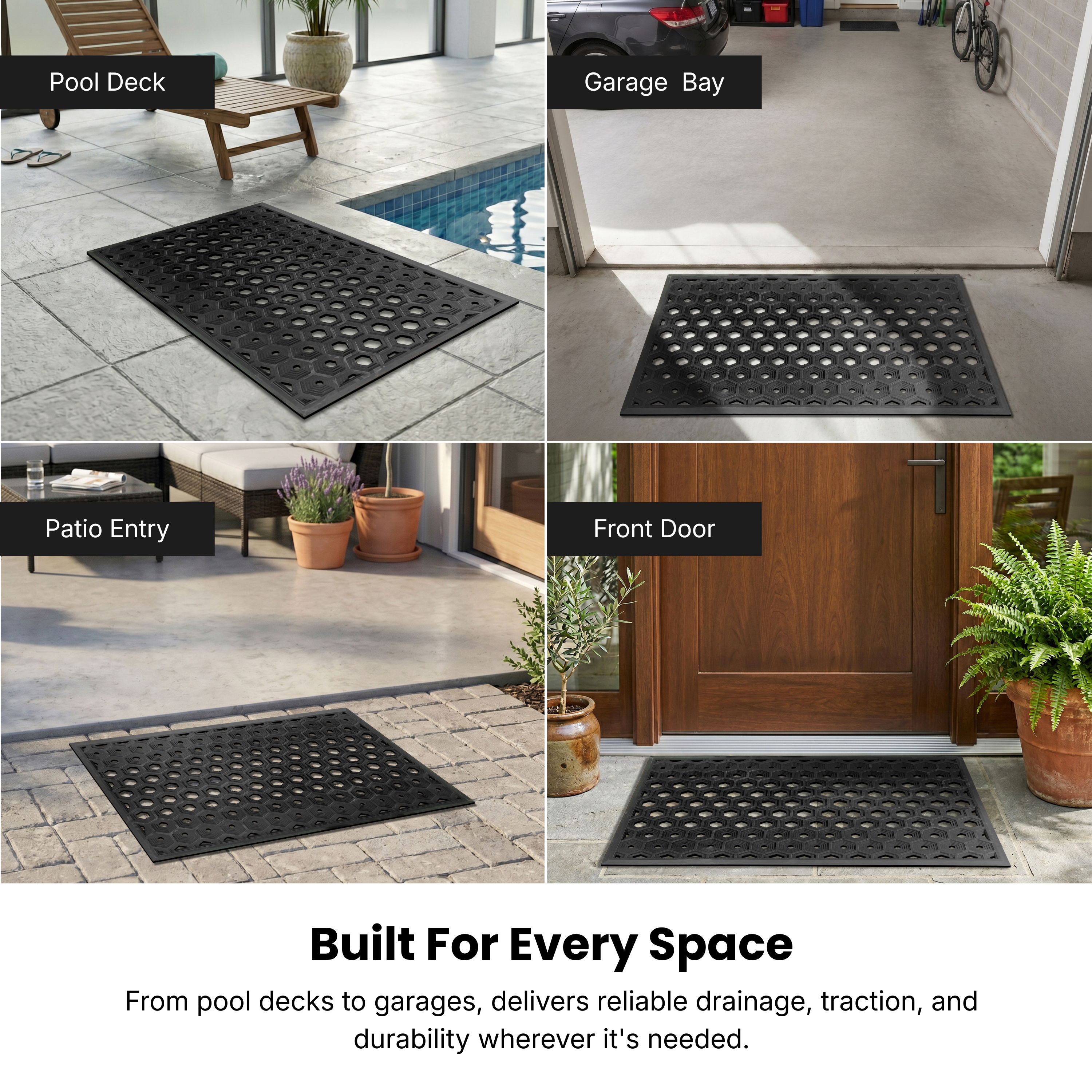 Hexagonal grid rubber door mat for outdoor commercial entrance