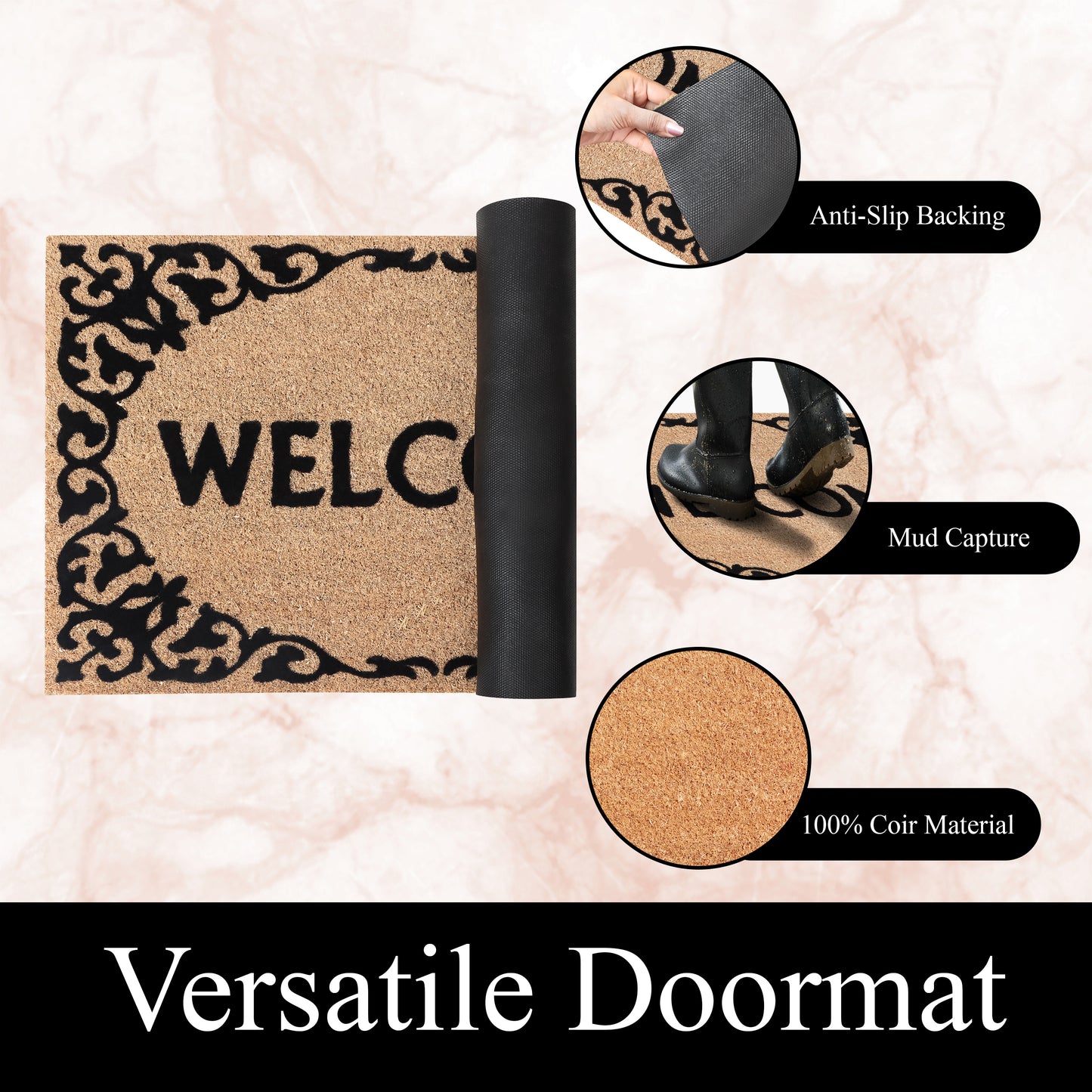 A1HC Natural Coir Flocked Door mat with Heavy Duty Non-Slip PVC Backing, Low-Profile Durable Doormat