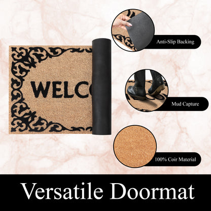 A1HC Natural Coir Flocked Door mat with Heavy Duty Non-Slip PVC Backing, Low-Profile Durable Doormat