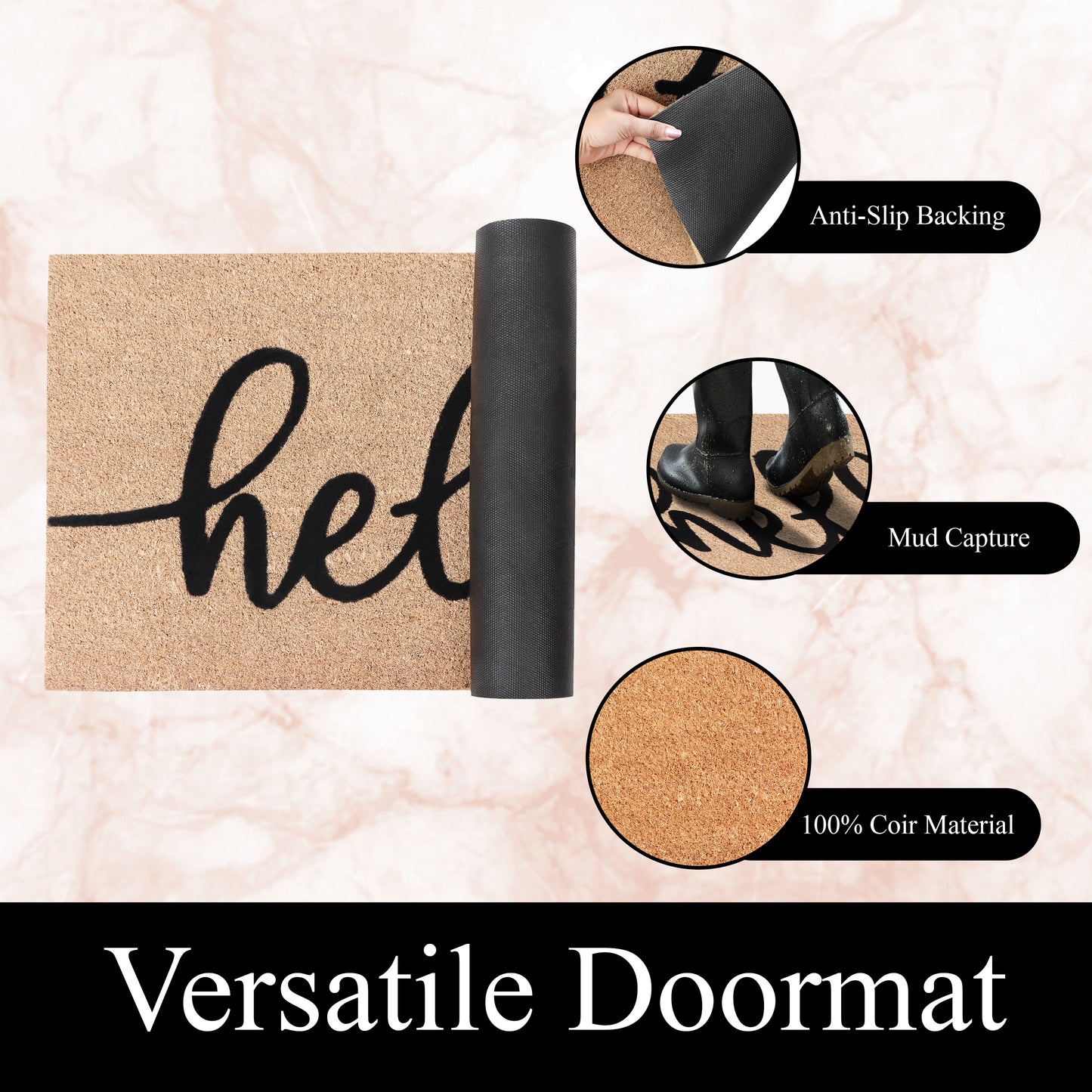 A1HC Natural Coir Flocked Door mat with Heavy Duty Non-Slip PVC Backing, Low-Profile Durable Doormat