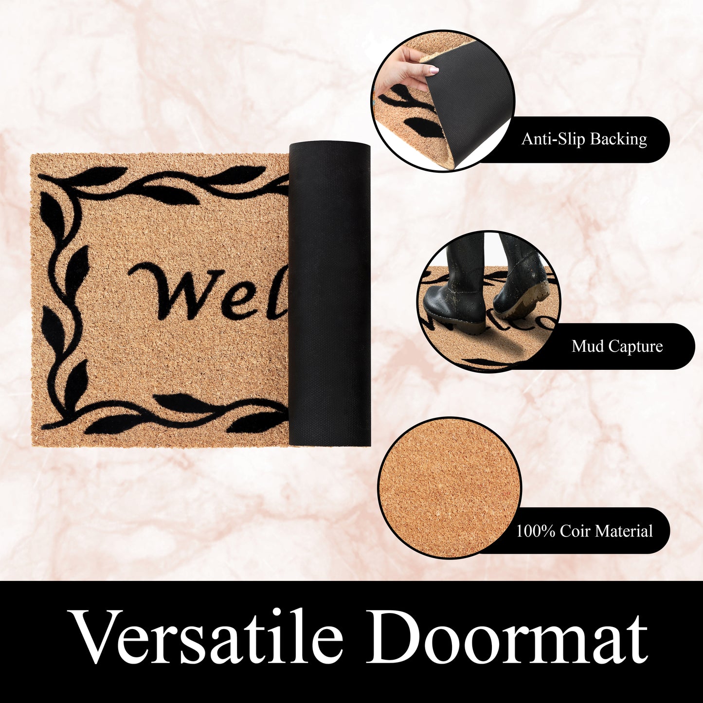 A1HC Natural Coir Flocked Door mat with Heavy Duty Non-Slip PVC Backing, Low-Profile Durable Doormat